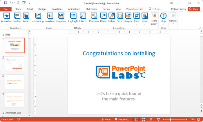 الوظيفة الإضافية PowerPoint Labs الخاصة بـPowerPoint